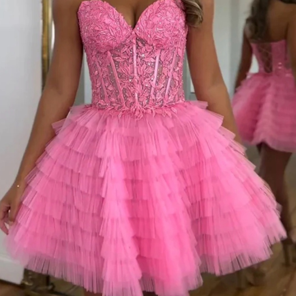 A Line Strapless Tulle Pink Homecoming Dress